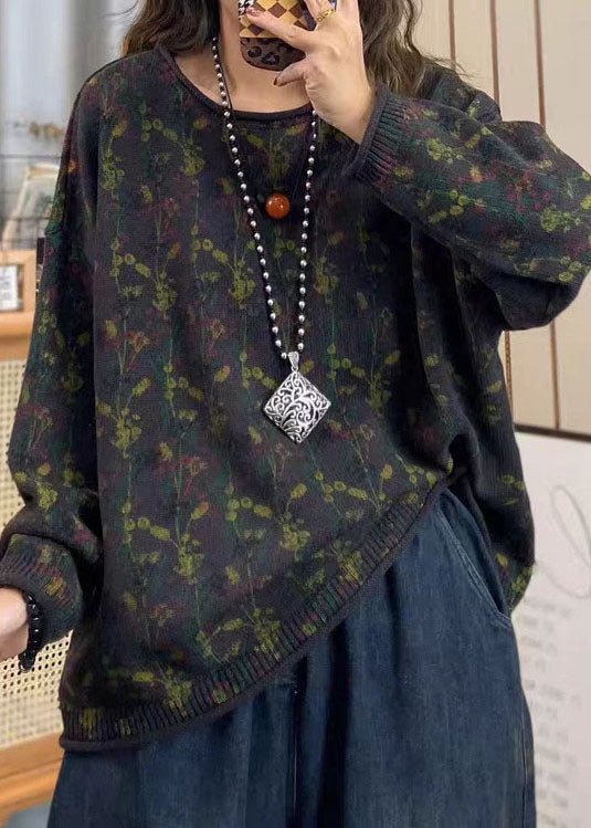 Red O Neck Print Cotton Knit Loose Sweaters Top Spring