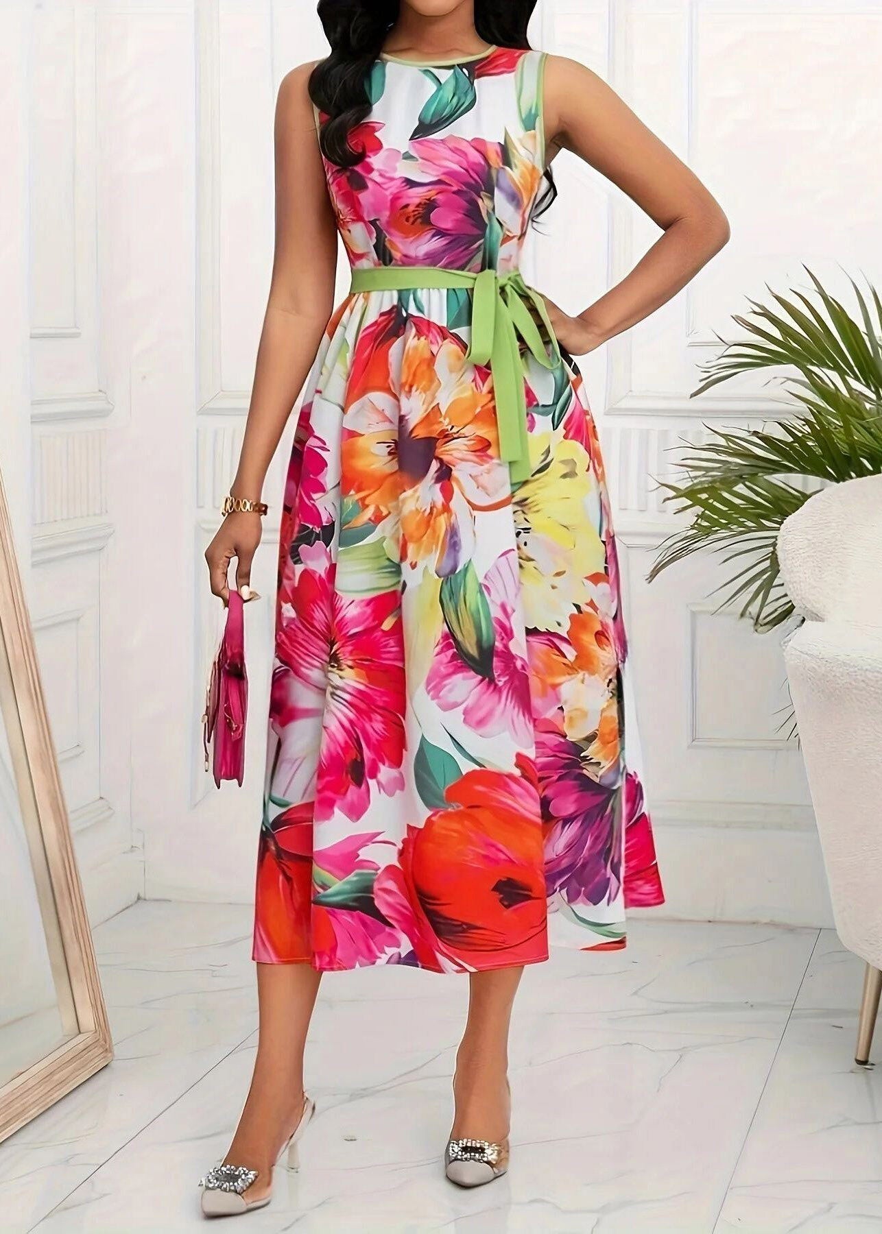 Red O-neck Print Tie Waist Maxi Dress Sleeveless