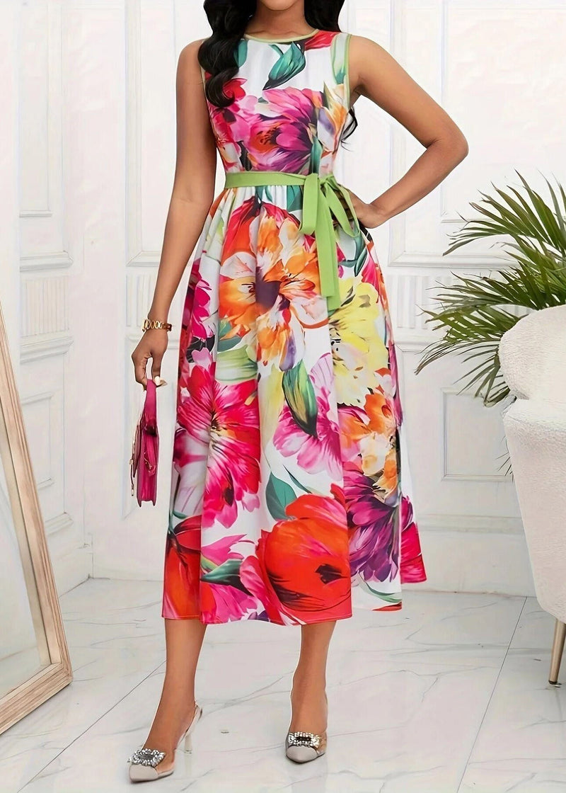 Red O-neck Print Tie Waist Maxi Dress Sleeveless