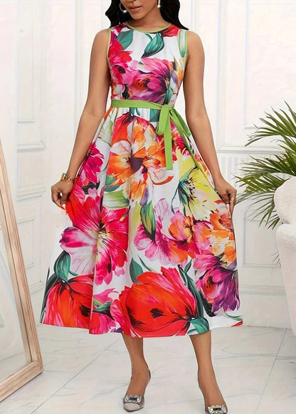 Red O-neck Print Tie Waist Maxi Dress Sleeveless