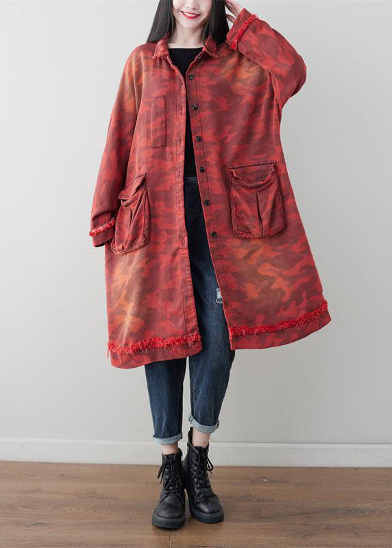 Red Oversized Patchwork Pockets Cotton Trench Spring