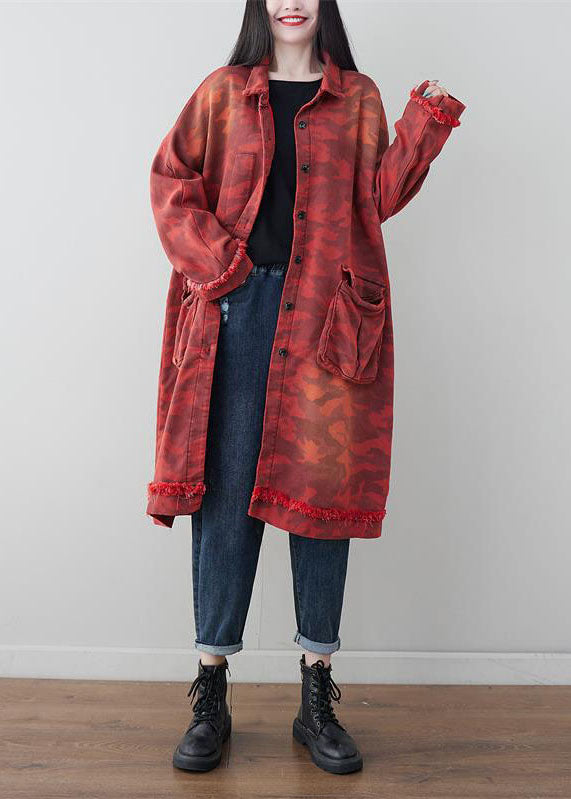 Red Oversized Patchwork Pockets Cotton Trench Spring