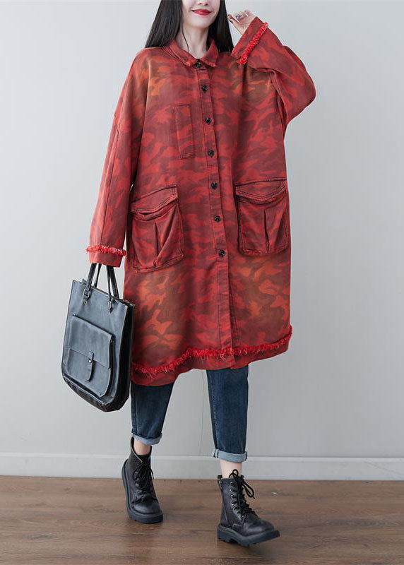 Red Oversized Patchwork Pockets Cotton Trench Spring