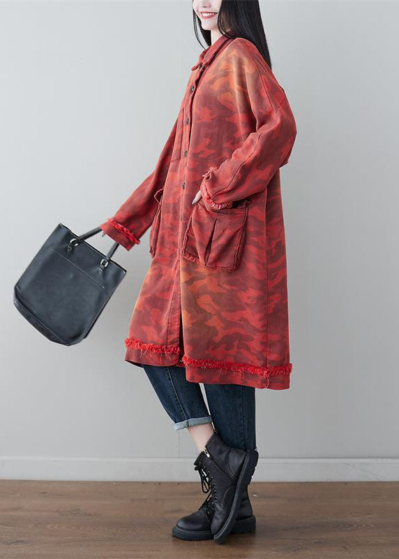 Red Oversized Patchwork Pockets Cotton Trench Spring