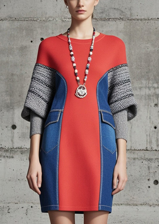 Red Patchwork Denim Cotton Sweatshirts Dress Batwing Sleeve