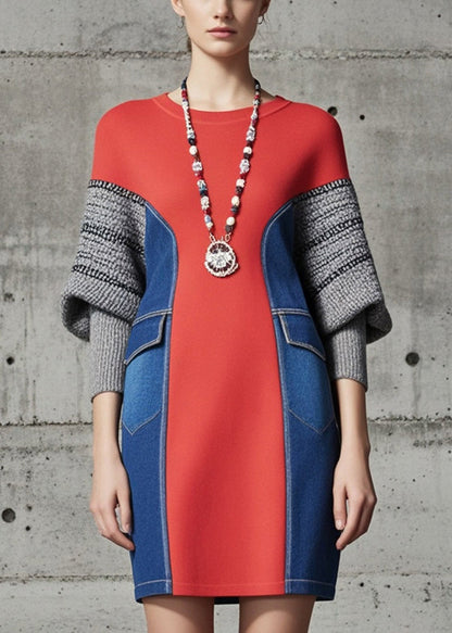 Red Patchwork Denim Cotton Sweatshirts Dress Batwing Sleeve