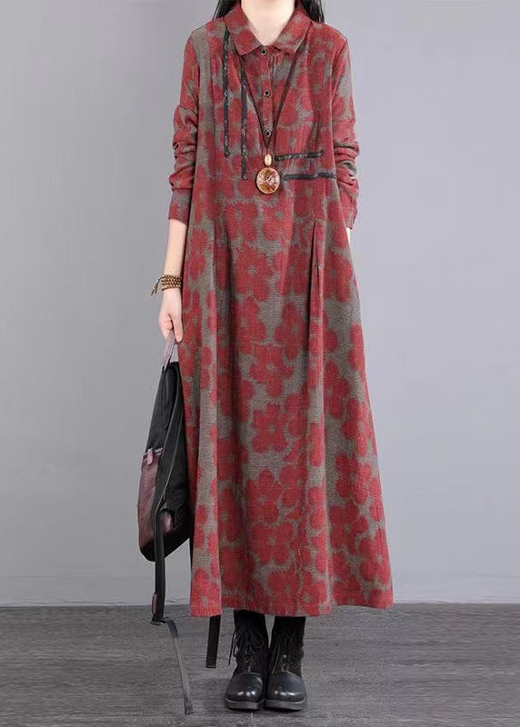 Red Peter Pan Collar Print Patchwork Cotton Long Dress Fall