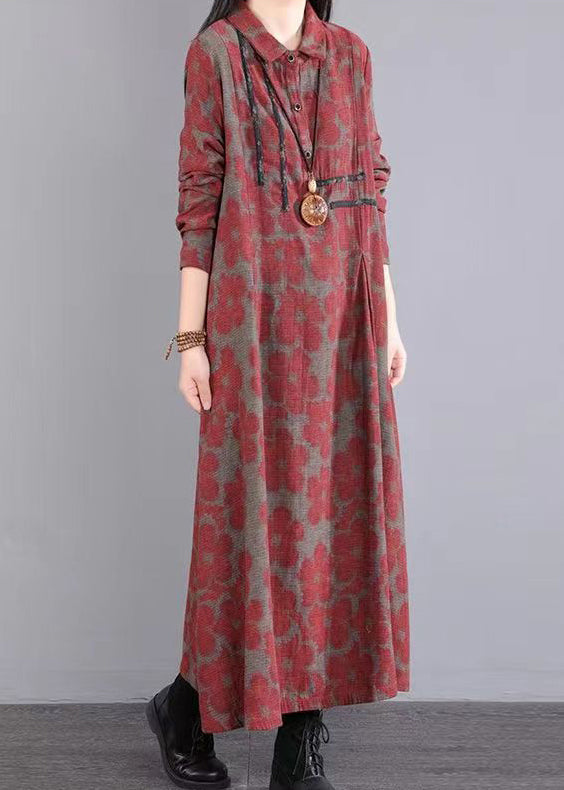 Red Peter Pan Collar Print Patchwork Cotton Long Dress Fall