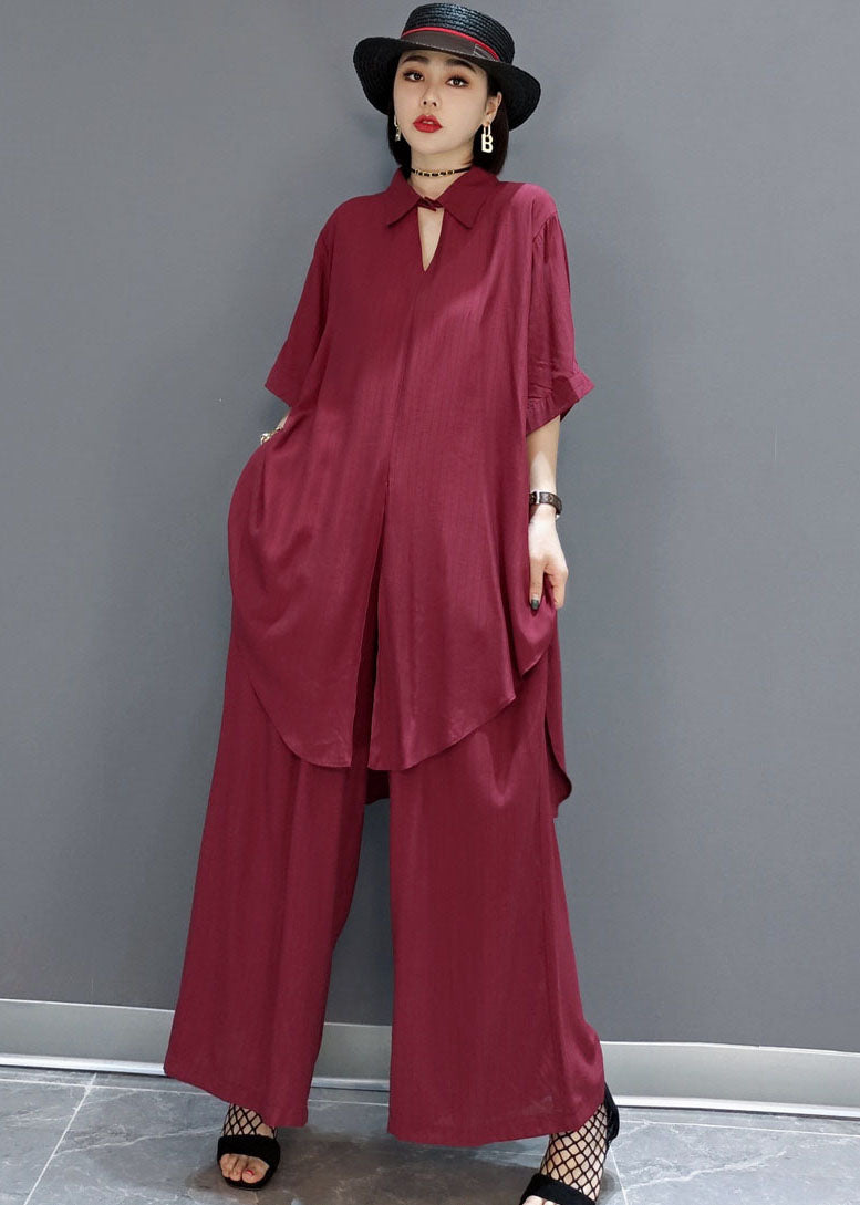 Red Peter Pan Collar Shirt Wide Leg Pants Satin Two Pieces Set Spring