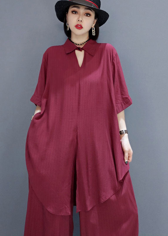 Red Peter Pan Collar Shirt Wide Leg Pants Satin Two Pieces Set Spring