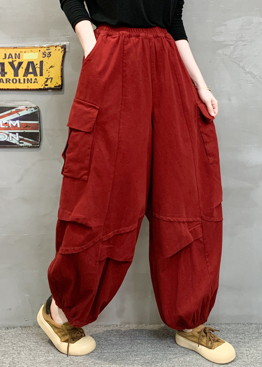 Red Pockets Patchwork Cotton Lantern Pants Fall