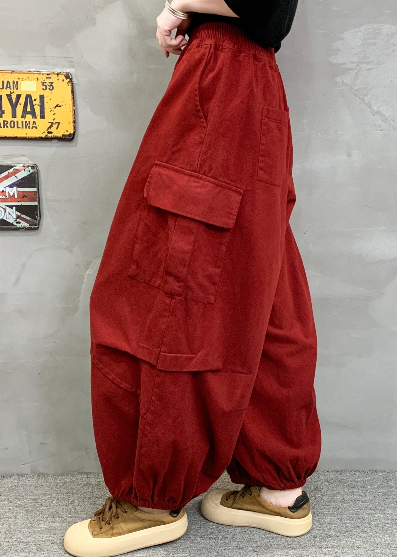Red Pockets Patchwork Cotton Lantern Pants Fall