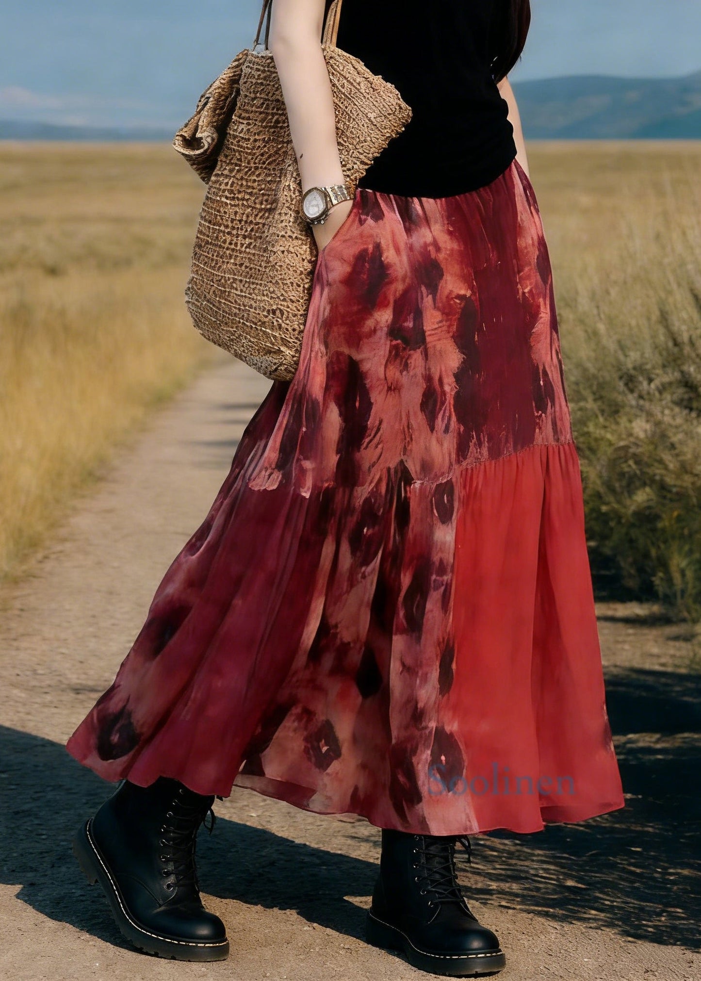 Red Pockets Print Elastic Waist Maxi Skirt Spring