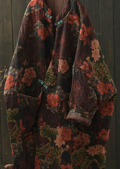 Red Pockets Print Oriental Button Fine Cotton Filled Coat Winter