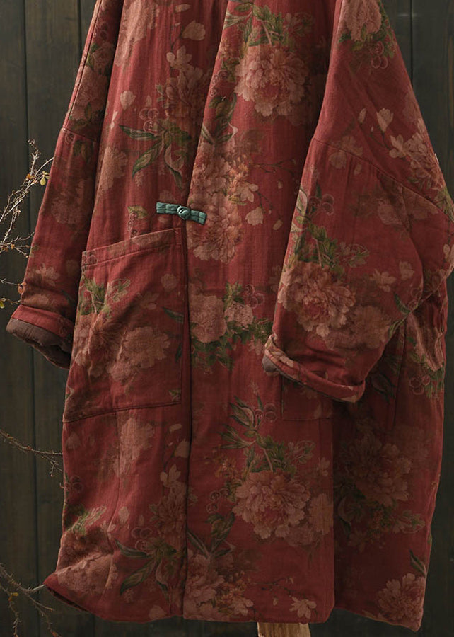 Red Pockets Print Oriental Button Fine Cotton Filled Coat Winter