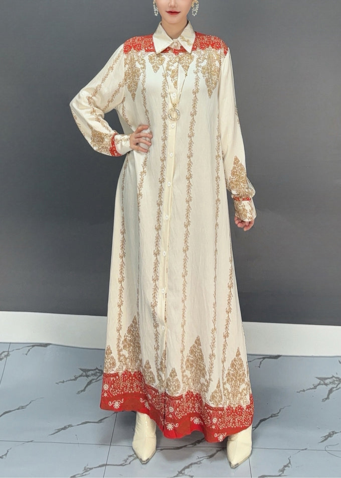 Red Print Button Holiday Maxi Shirts Dresses Fall