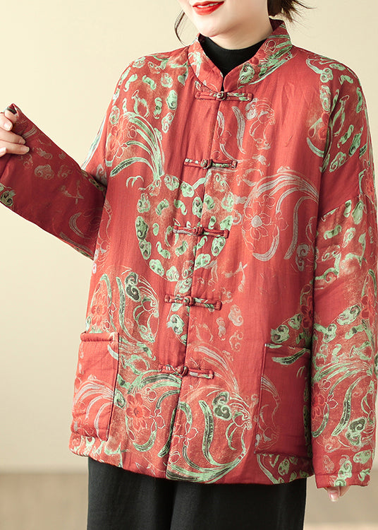 Red Print Chinese Button Fine Cotton Filled Parka Winter