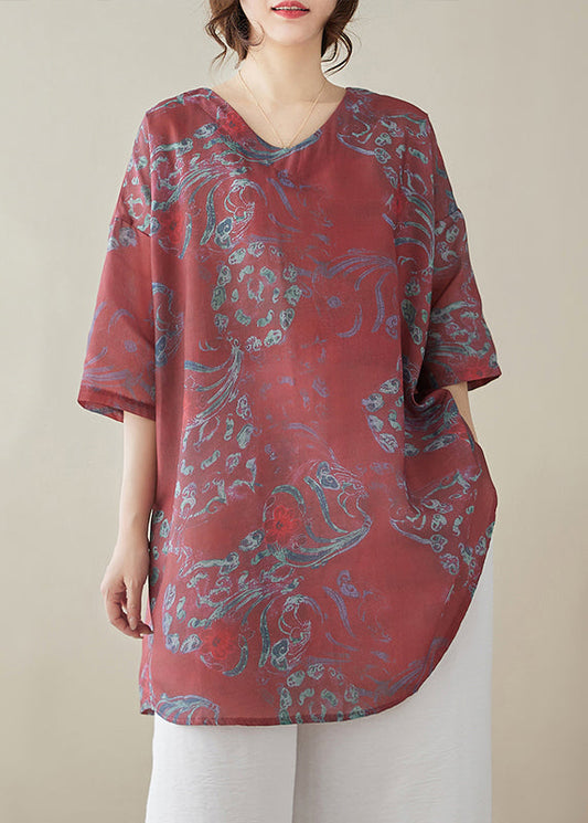 Red Print Linen Tops Half Sleeve