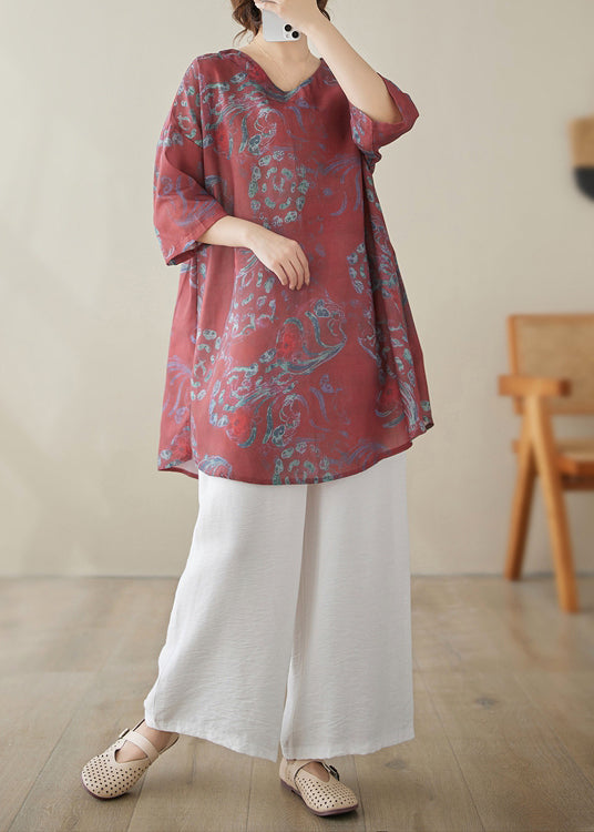 Red Print Linen Tops Half Sleeve