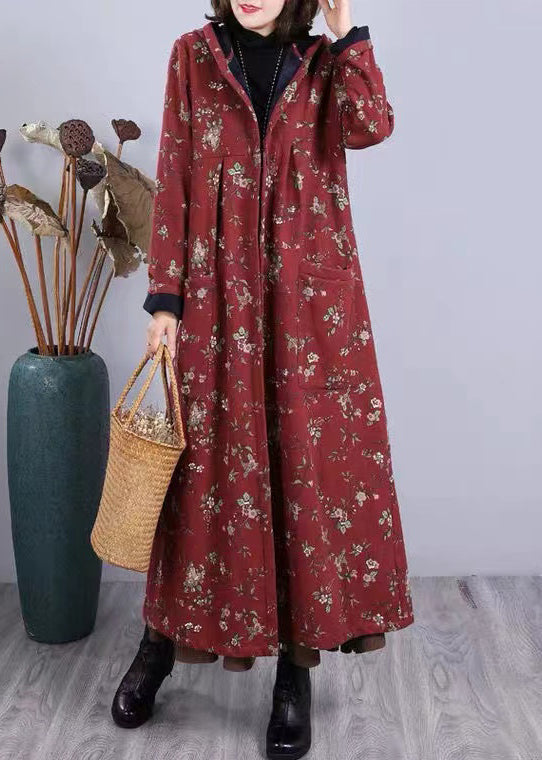 Red Print Pockets Patchwork Warm Fleece Hooded Coat Winter