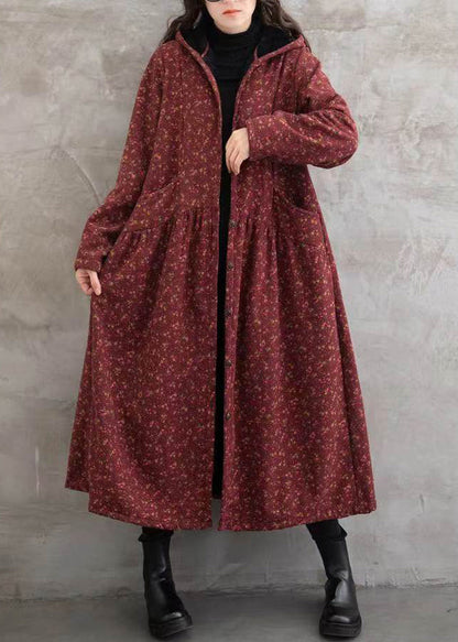 Red Print Pockets Patchwork Warm Fleece Hooded Trench Winter