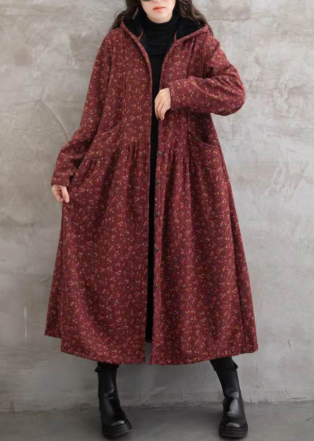 Red Print Pockets Patchwork Warm Fleece Hooded Trench Winter