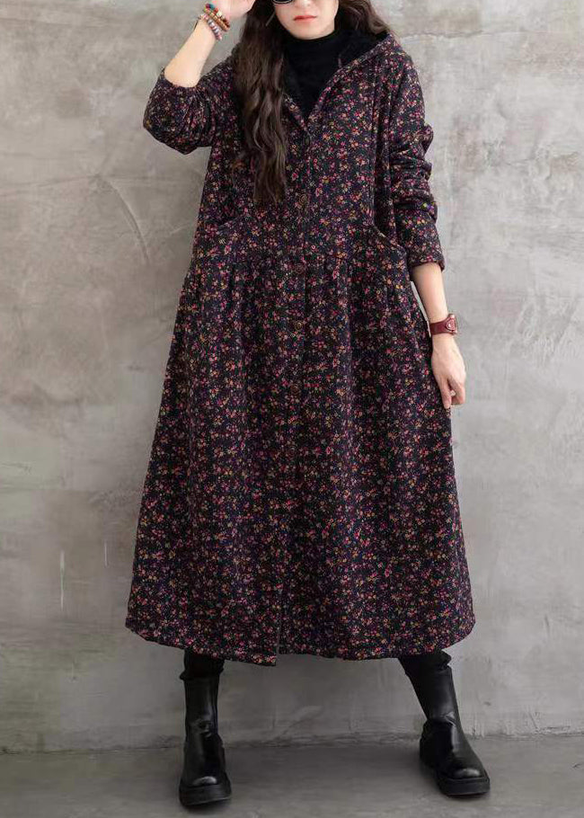 Red Print Pockets Patchwork Warm Fleece Hooded Trench Winter