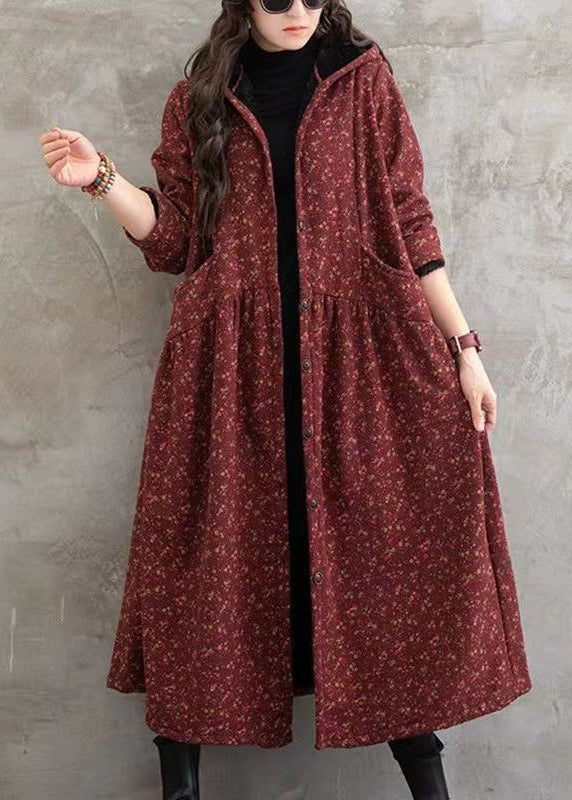 Red Print Pockets Patchwork Warm Fleece Hooded Trench Winter