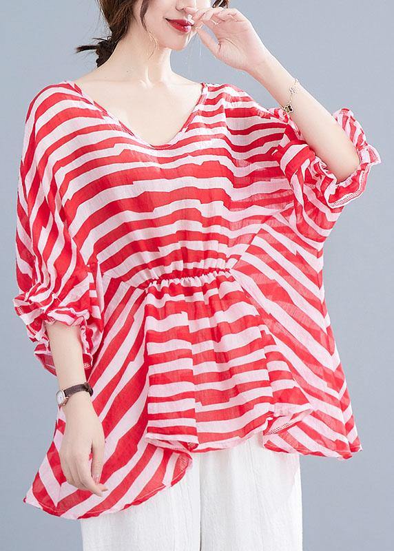 Red Print Wrinkled Summer Half Sleeve Shirt Top