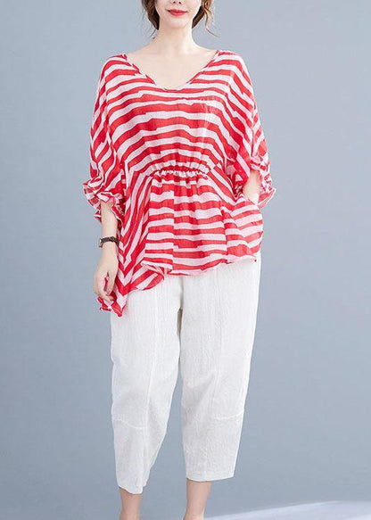 Red Print Wrinkled Summer Half Sleeve Shirt Top