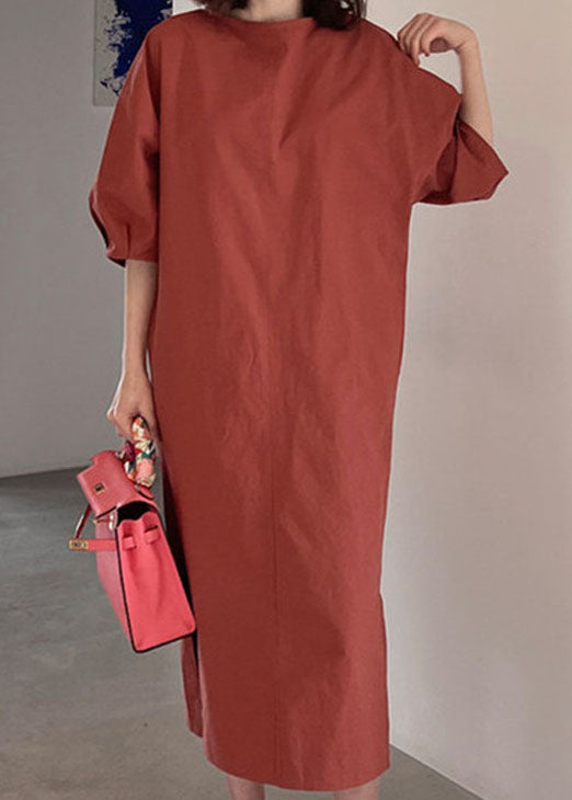 Red Puff Sleeve Cotton Long Dress Spring