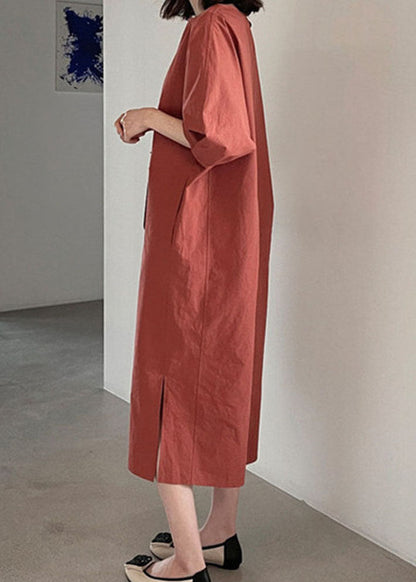 Red Puff Sleeve Cotton Long Dress Spring