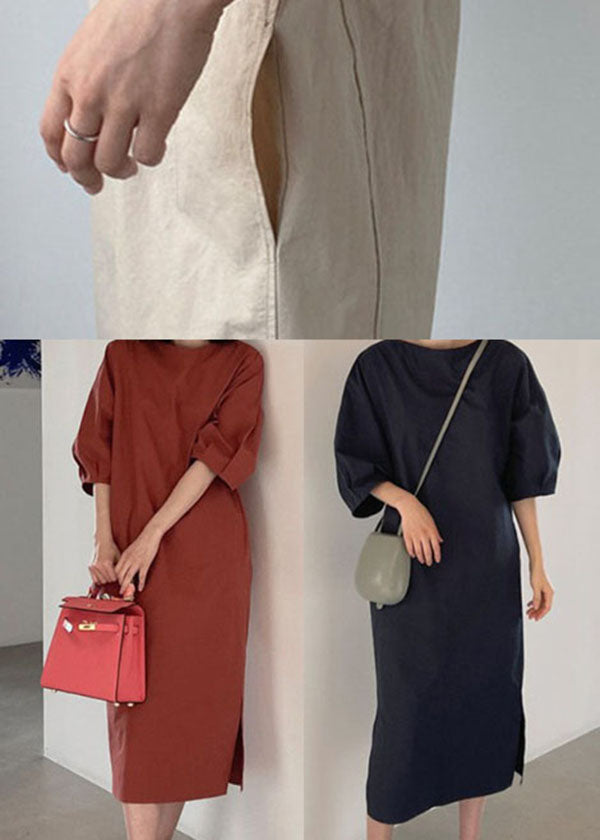 Red Puff Sleeve Cotton Long Dress Spring