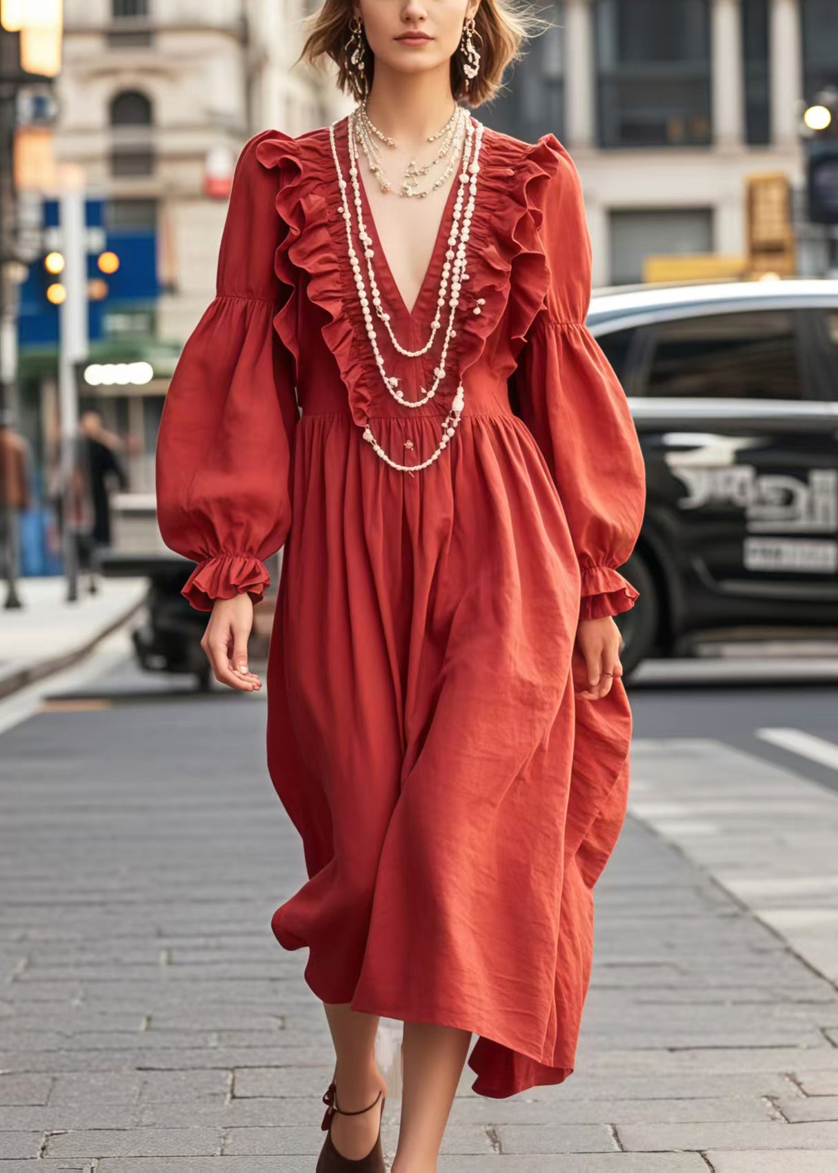 Red Ruffled Cotton Maxi Dress Spring