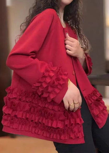 Red Ruffled Oversized Cotton Coats Fall
