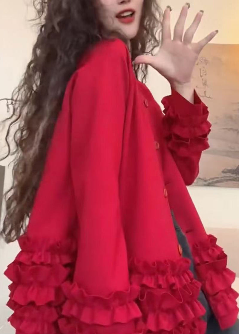 Red Ruffled Oversized Cotton Coats Fall