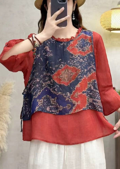 Red Ruffled Patchwork Linen Blouse Top Bracelet Sleeve