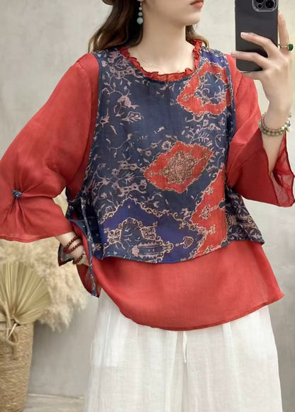 Red Ruffled Patchwork Linen Blouse Top Bracelet Sleeve