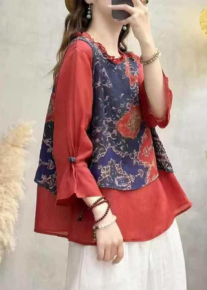 Red Ruffled Patchwork Linen Blouse Top Bracelet Sleeve