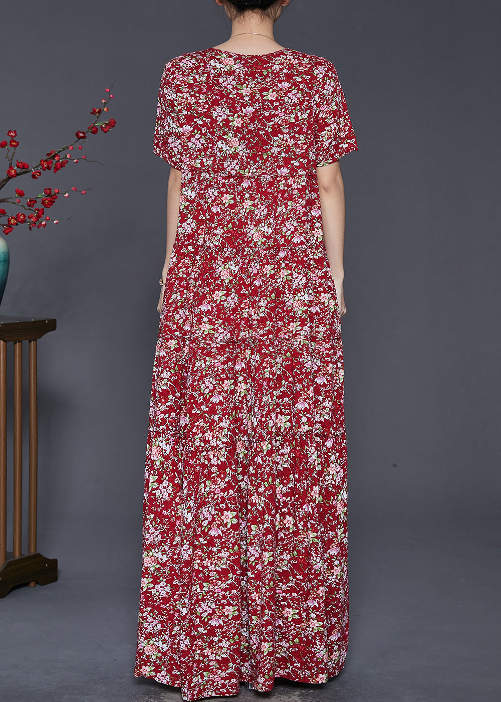 Red Ruffled Print Exra Large Hem Cotton Holiday Dress Summer