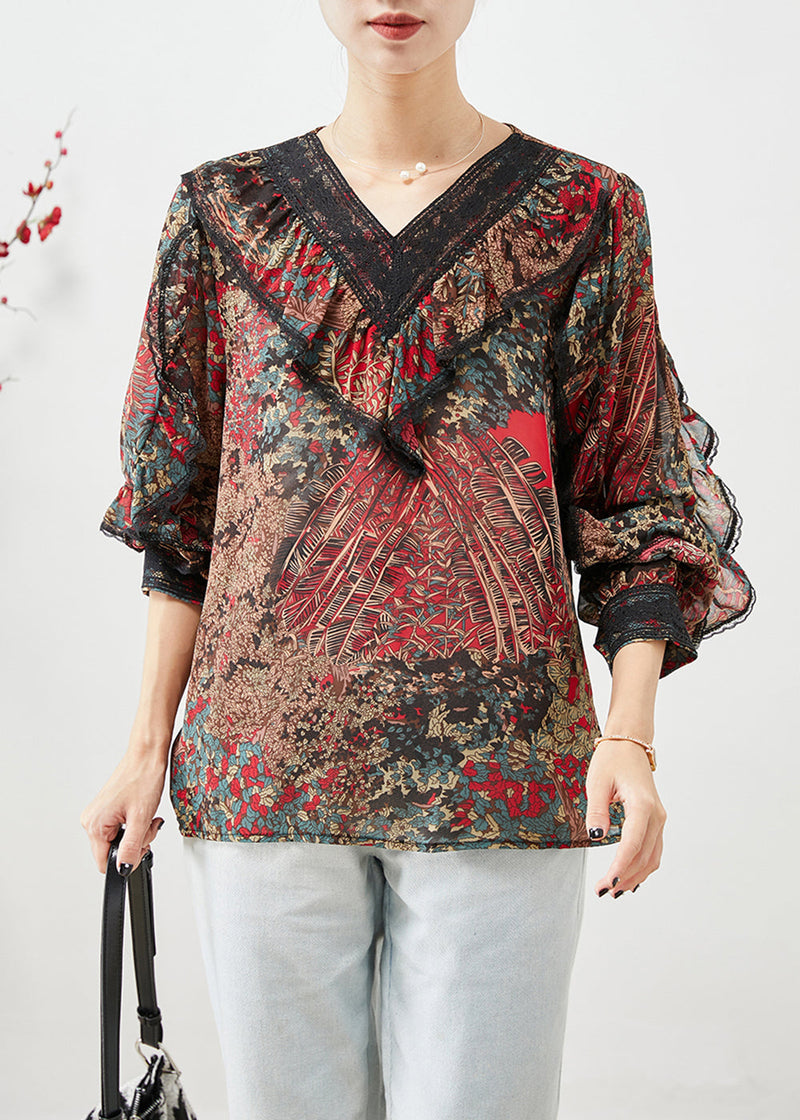 Red Ruffles Patchwork Print Chiffon Shirt Top Fall