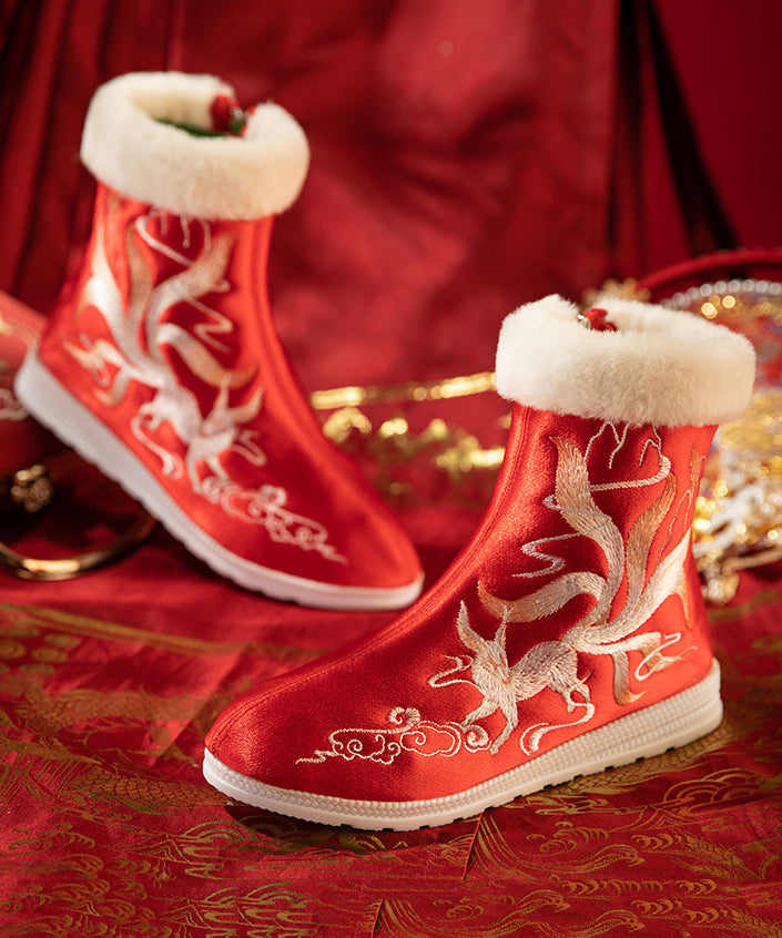 Red Satin Embroidery Splicing Boots Fuzzy Wool Lined