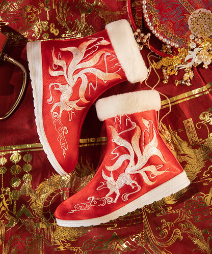 Red Satin Embroidery Splicing Boots Fuzzy Wool Lined