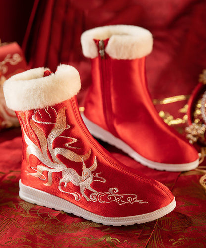 Red Satin Embroidery Splicing Boots Fuzzy Wool Lined