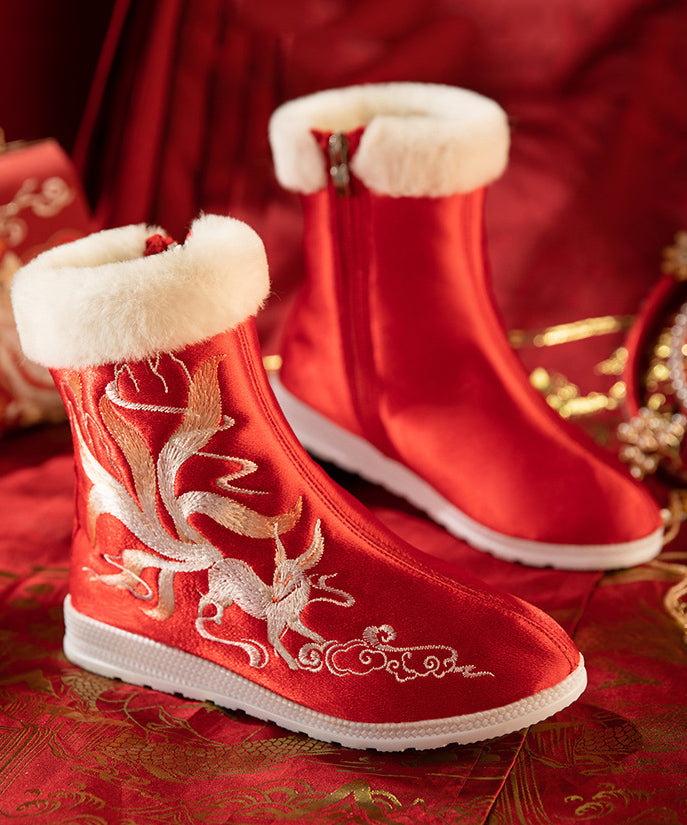 Red Satin Embroidery Splicing Boots Fuzzy Wool Lined