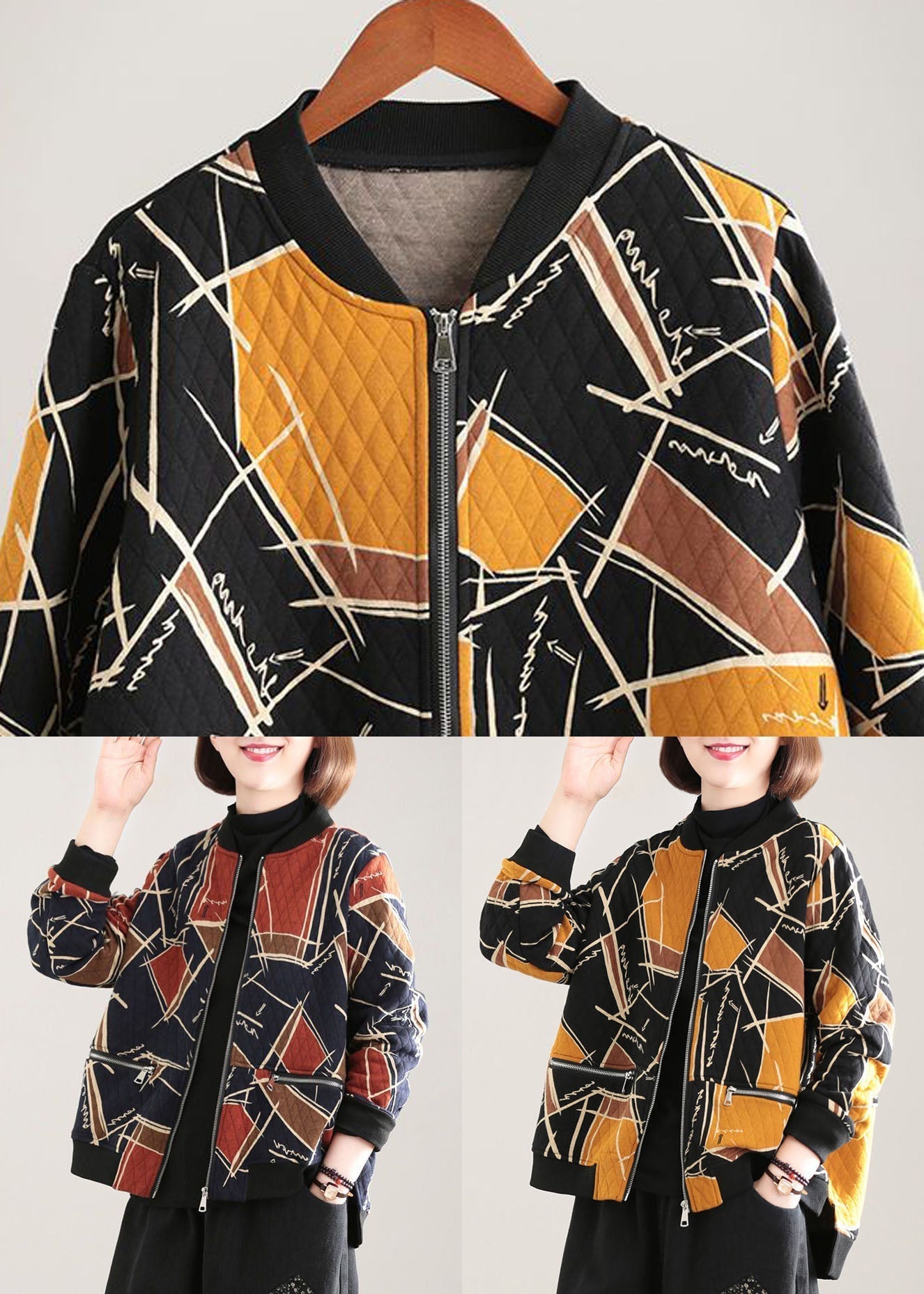 Red Stand Collar Pockets Print Fine Cotton Filled Witner Coat