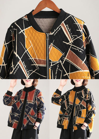 Red Stand Collar Pockets Print Fine Cotton Filled Witner Coat