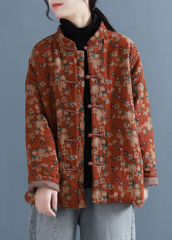 Red Stand Collar Print Oriental Button Fine Cotton Filled Jacket in Winter