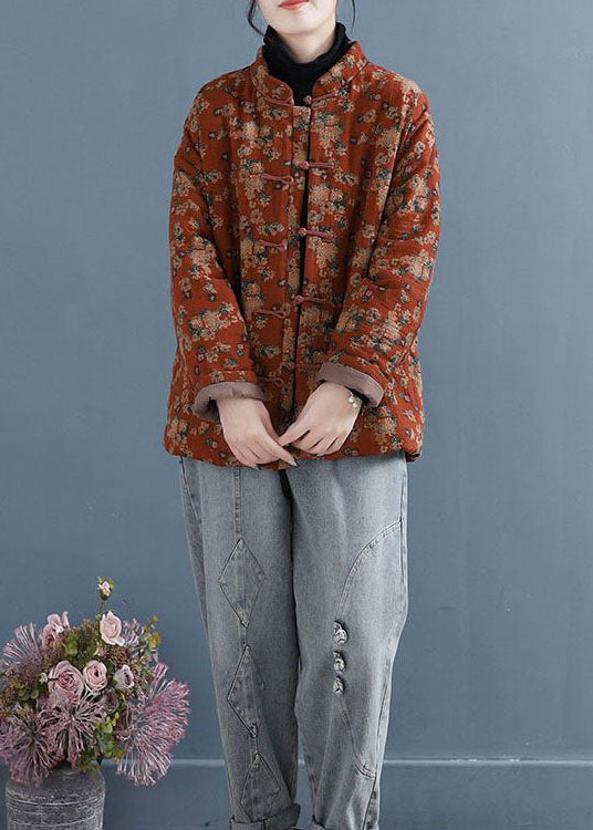 Red Stand Collar Print Oriental Button Fine Cotton Filled Jacket in Winter