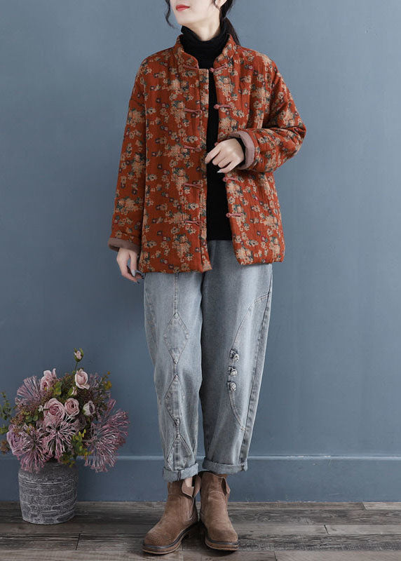 Red Stand Collar Print Oriental Button Fine Cotton Filled Jacket in Winter
